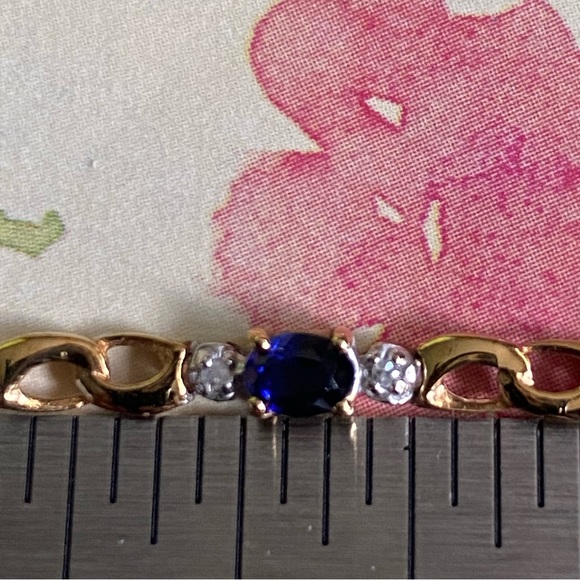 Beautiful Solid 10K Yellow Gold Blue Lab Sapphires/2 Diamonds Tennis Bracelet. - Picture 13 of 14